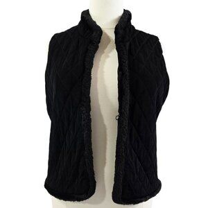 Vintage Chico's Travelers Black Quilted Slinky Knit Vest Faux Fur Trim Capsule